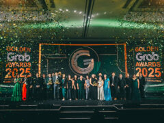 Golden Grab Merchants of the Year Juliet Chen (Serenitea), Gerby Estrella (JT’s Manukan Grille), and Ryan Tan (Oh Mango) with Grab Philippines leaders led by Managing Director Ronald Roda.